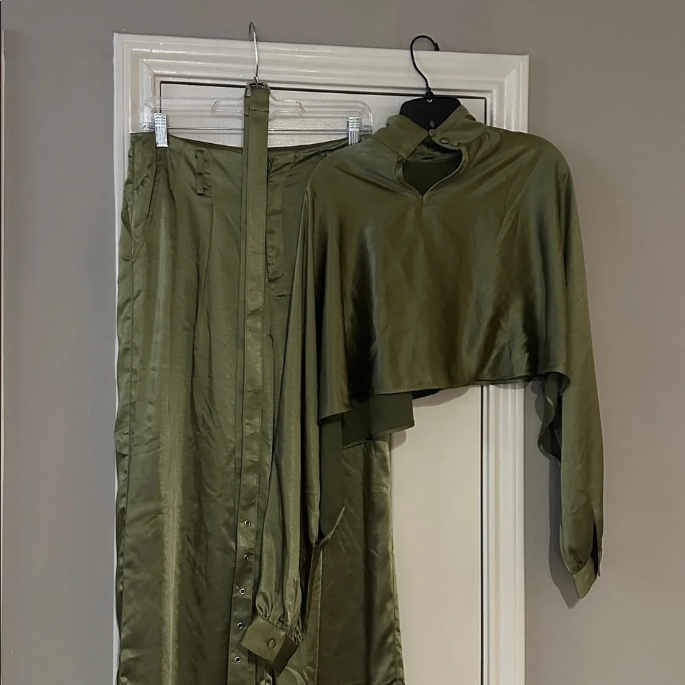 Akira Olive Green Satin Two-Piece Set - Picture 4 of 4